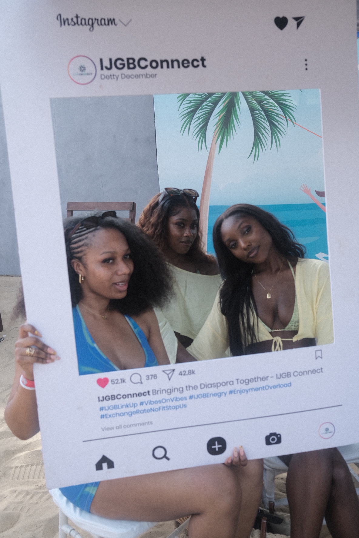 IJGB Connect Detty December — three friends posing with the IJGBConnect Instagram frame